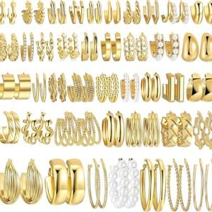 42 Pairs Gold Hoop Earrings Set for Women, Fashion Chunky Pearl Earrings Multipack Twisted Statement Earring Pack, Hypoallergenic Small Big Hoops Earrings for Birthday Party